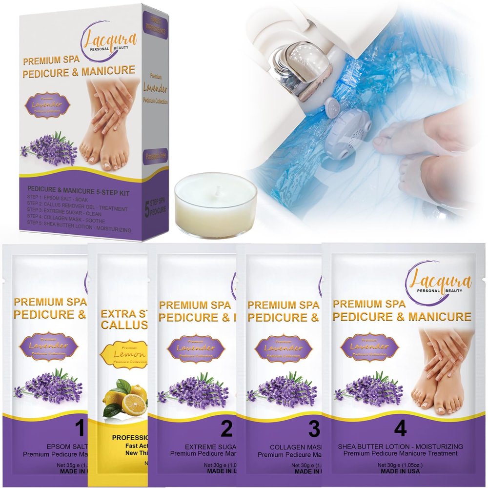 Deluxe 6 Step Pedicure Spa Kit  Epsom Salt, Callus Remover, Extreme Sugar Scrub, Collagen Mask, Massage Oil Candle & Shea Butter Lotion. (Lavender 40 Set)