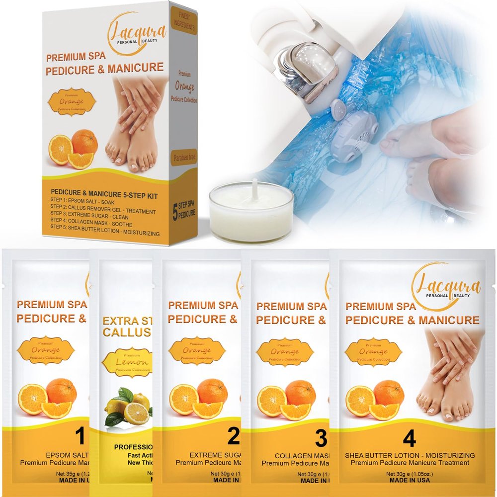 Deluxe Pedicure 6 Step in 1 Box  Epsom Salt, Callus Remover, Extreme Sugar Scrub, Collagen Mask, Massage Oil Candle & Shea Butter Lotion. (Orange 50 Set)