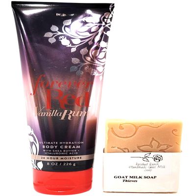 Bath and Body Forever Red Vanilla Rum Ultimate Hydration Body Cream Full Size with Rosebud Ranch Goat Milk Soap Sample