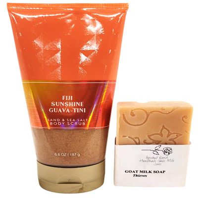 Bath and Body Fiji Sunshine Guava-Tini Sand And Sea Salt Body Scrub Rosebud Ranch Goat Milk Soap Sample