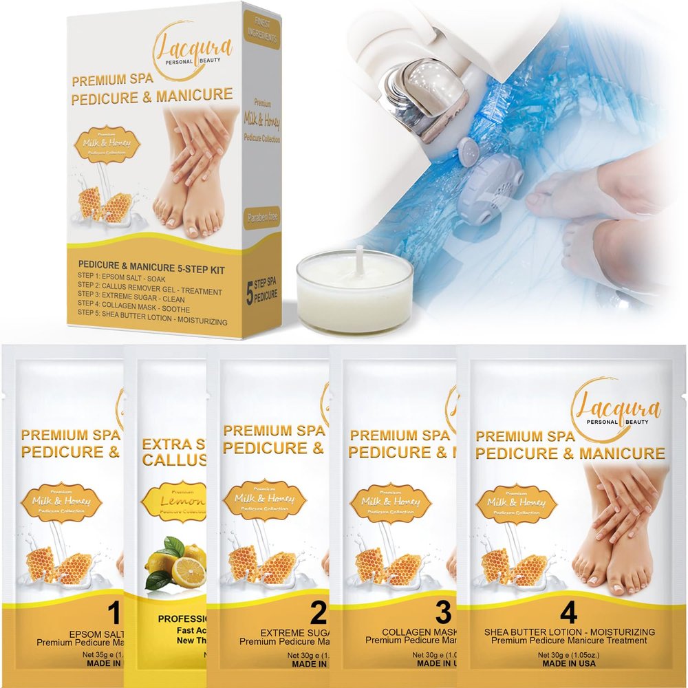 Deluxe Pedicure 6 Step in 1 Box  Epsom Salt, Callus Remover, Extreme Sugar Scrub, Collagen Mask, Massage Oil Candle & Shea Butter Lotion. (Milk & Honey 20 Set)