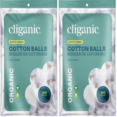Cliganic Organic Super Jumbo Cotton Balls (200 Count) - Hypoallergenic, Absorbent, Large Size, 100% Pure (Packaging May Vary) (Pack of 2)