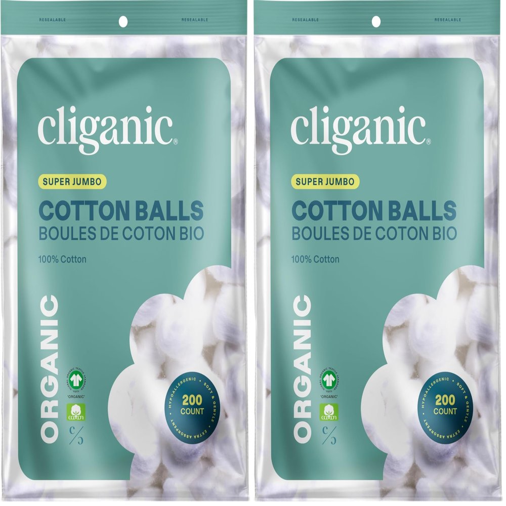 Cliganic Organic Super Jumbo Cotton Balls (200 Count) - Hypoallergenic, Absorbent, Large Size, 100% Pure (Packaging May Vary) (Pack of 2)