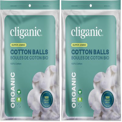 Cliganic Organic Super Jumbo Cotton Balls (100 Count) - Hypoallergenic, Absorbent, Large Size, 100% Pure (Packaging May Vary) (Pack of 2)