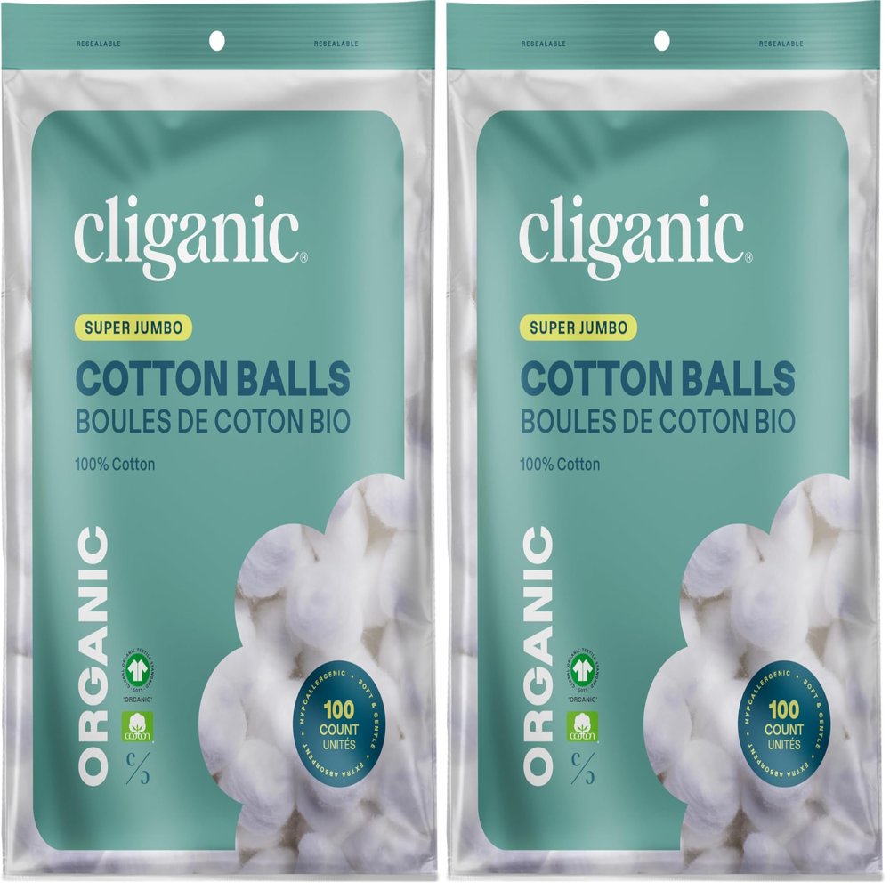 Cliganic Organic Super Jumbo Cotton Balls (100 Count) - Hypoallergenic, Absorbent, Large Size, 100% Pure (Packaging May Vary) (Pack of 2)