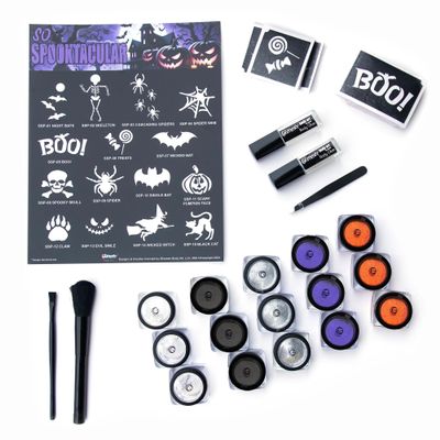 Glimmer Halloween Tricks, Treats and More Glitter Tattoo Kit! - 75 Stencils (15 Designs, 5 Each), 12 Glitters, 3 Crystal Jars, 2 Glues, 2 Brushes with Tweezers