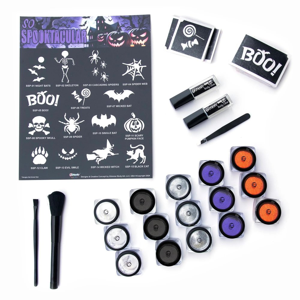 Glimmer Halloween Tricks, Treats and More Glitter Tattoo Kit! - 75 Stencils (15 Designs, 5 Each), 12 Glitters, 3 Crystal Jars, 2 Glues, 2 Brushes with Tweezers