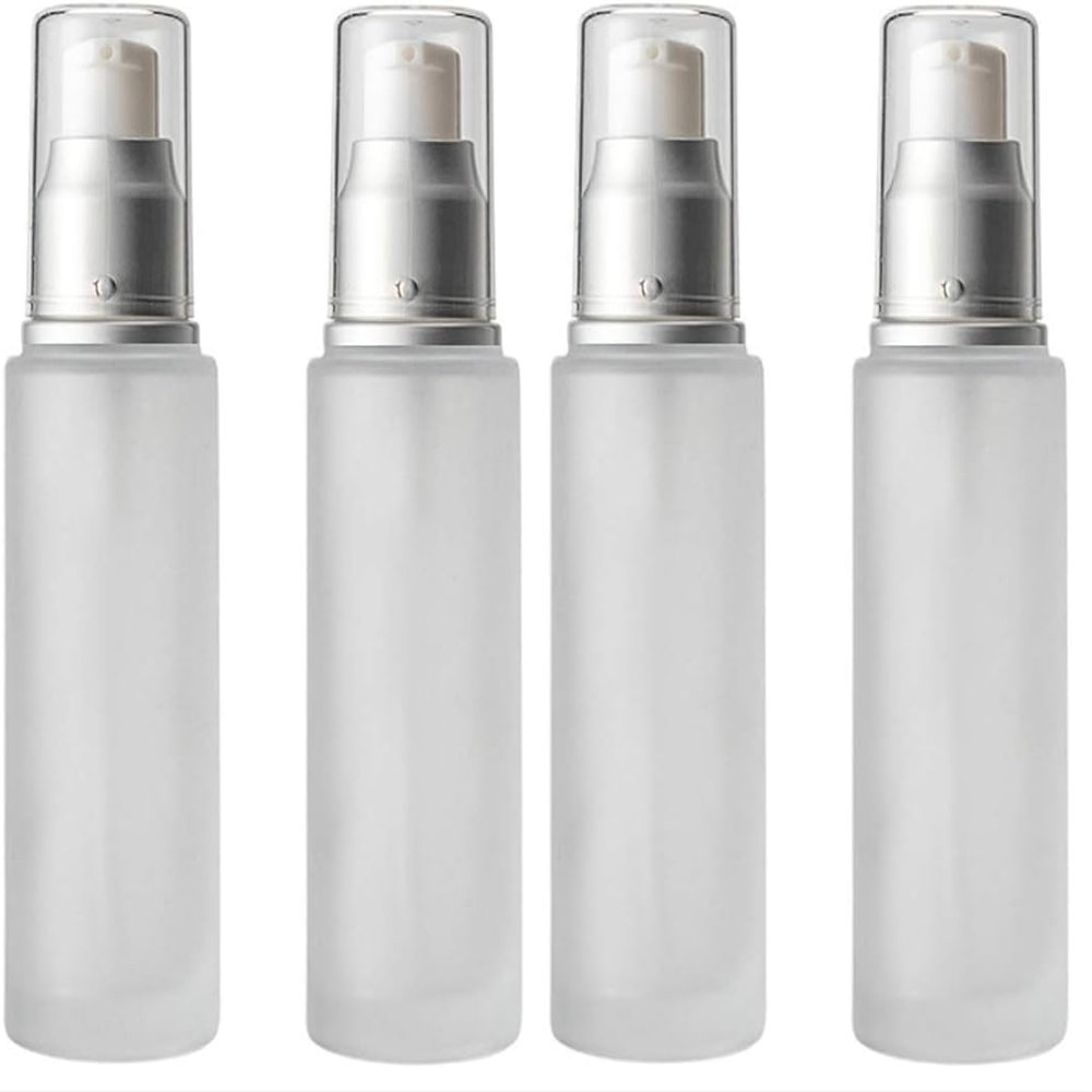 2PC Empty Glass Refillable Dispenser Pump Lotion Bottle White Frosted Cosmetic Pump Bottle Containers For Skin Care Cream Liquid Essential Oil (100ML/3.4oz) (Pack of 2)
