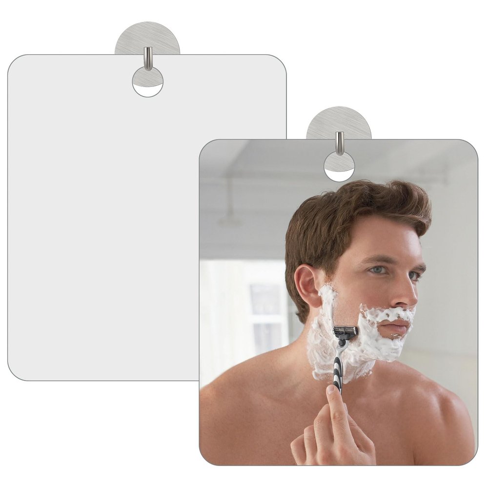 Realand 2 Pack Shower Mirror Fogless for Shaving, 9.8x7.9in Shatterproof Anti Fog Bathroom Hanging Mirror for Wall with 3 Hooks, for Men Woman Shave Makeup Locker