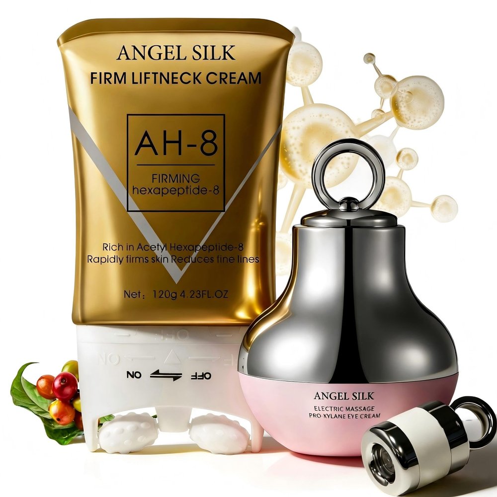 Angel Silk AH-8 Firming Neck-Eye Cream Bundle, Tightening & Revitalizing Set, Electric Massage Eye Cream with Red Light, Firm Smooth of Eye Fine Lines, Anti-Wrinkle Deep Moisturizing Skincare