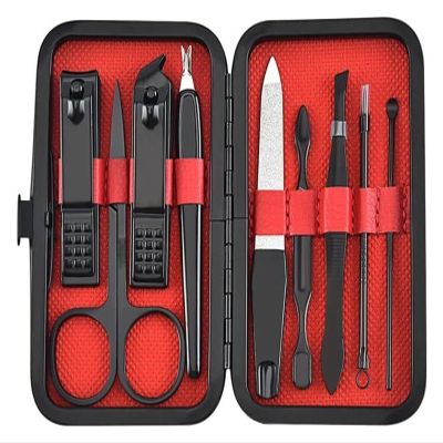 Manicure Kit Nail Clippers Scissors Tweezer Ear Pick Hand Foot Care Tools Set Multi-Function Daily Use (Red)