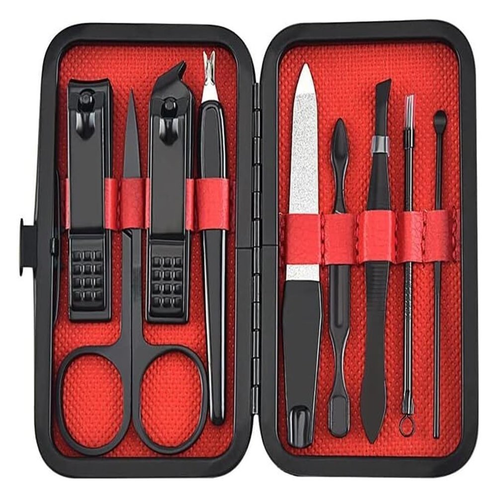 Manicure Kit Nail Clippers Scissors Tweezer Ear Pick Hand Foot Care Tools Set Multi-Function Daily Use (Red)