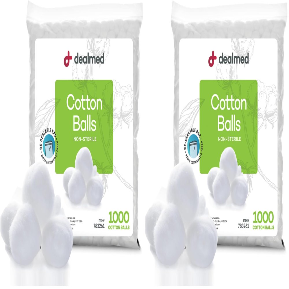 Dealmed 1000 ct. Cotton Balls for Face, Makeup, Medical Uses, & DIY Crafts | Non-Sterile Bulk Pack | Resealable Zip-Locked Bag | 100% Pure Cotton, Soft, Absorbent, Gentle (Pack of 2)