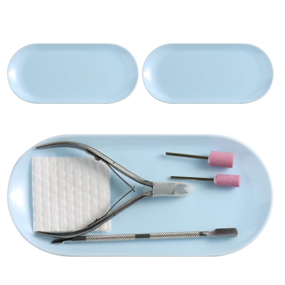 3Pcs Manicure Tools Storage Tray, Oval Plastic Storage Dish Nail Art Accessory Display Trays, Jewelry Rhinestone Organizer Plate, Makeup Cosmetic Nail Decorations Storages PlateBlue