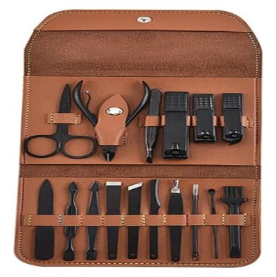 16 Piece Nail Care Kit with Manicure Tools and Folding Bag for Nail Clippers (Brown 14 * 10.3cm)