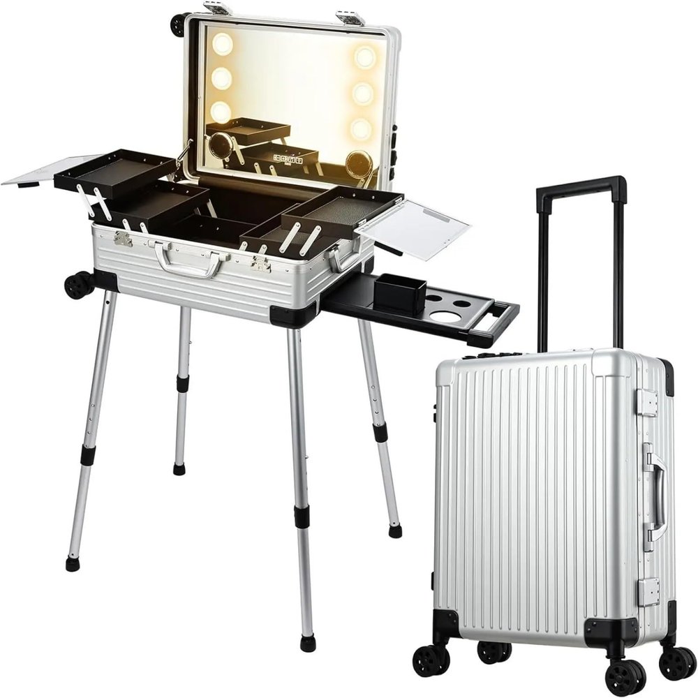 24" Large Capacity Makeup Trolley LED Light Mirror Rolling Cosmetic Case Waterproof Storage Vanity for Artists Travel Organizer-silvery