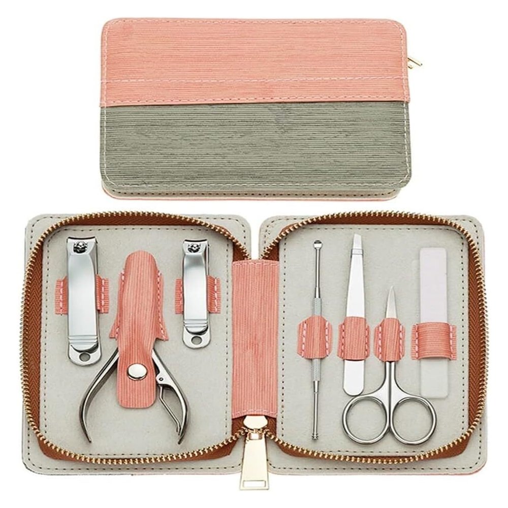 7 Piece Stainless Steel Nail Care Set with Travel Case Manicure and Grooming Tools Nail Clippers Kit (Light red 1set)