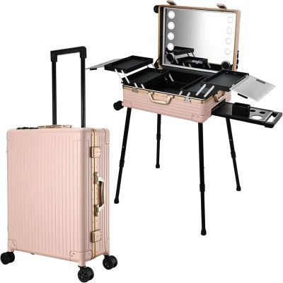 24" Large Capacity Makeup Trolley LED Light Mirror Rolling Cosmetic Case Waterproof Storage Vanity for Artists Travel Organizer-pink