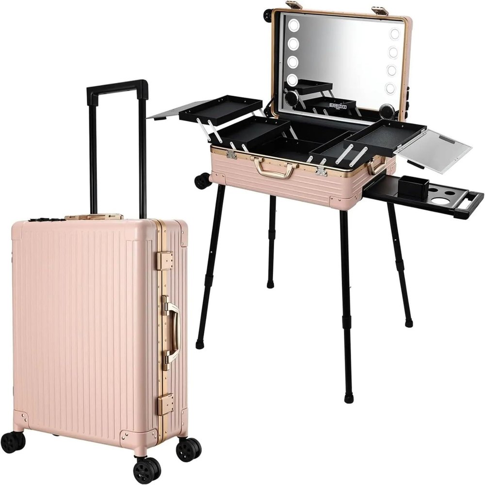 24" Large Capacity Makeup Trolley LED Light Mirror Rolling Cosmetic Case Waterproof Storage Vanity for Artists Travel Organizer-pink