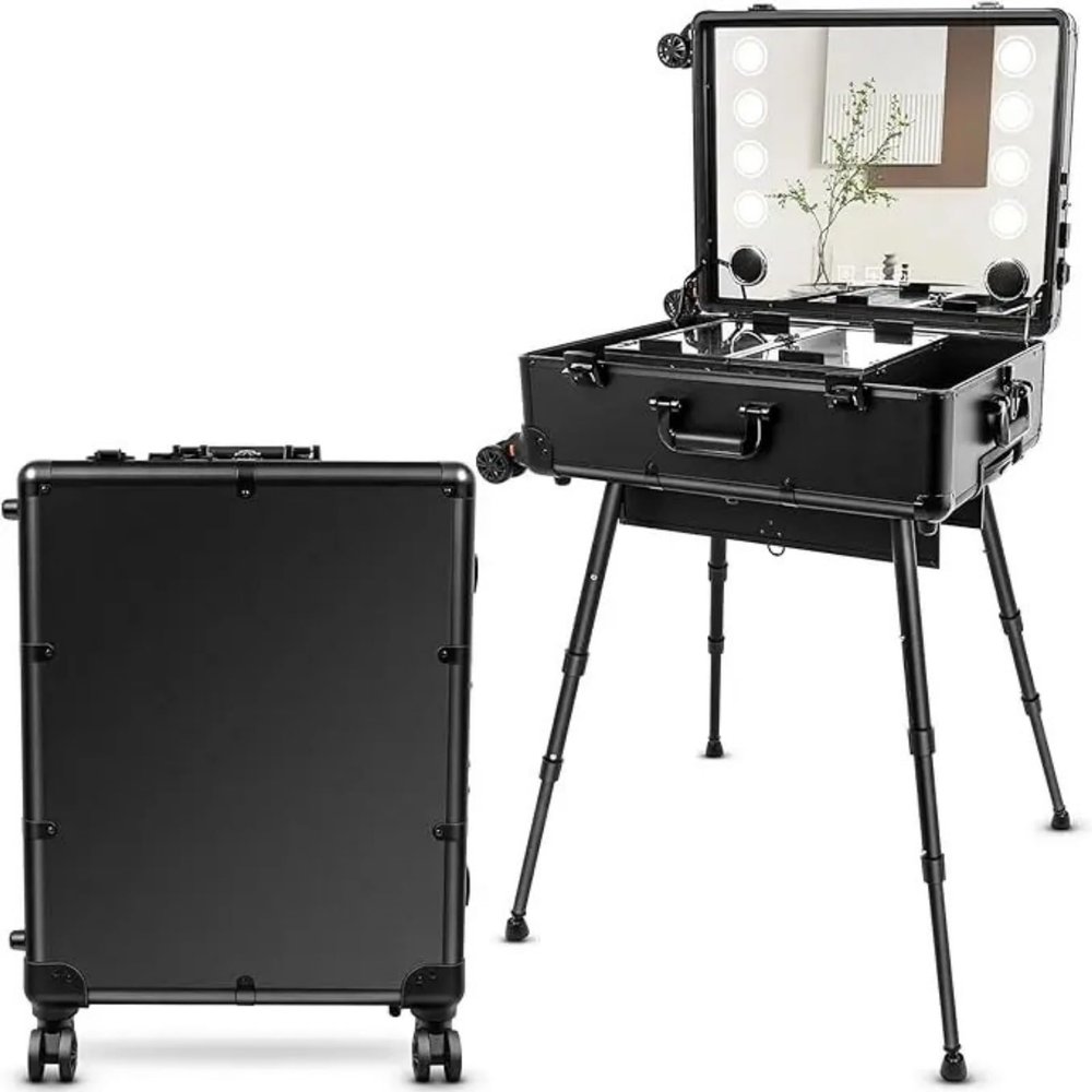 24'' Aluminum Trolley Makeup Train Case with 8 LED Light Rolling Cosmetic Organizer Studio Speaker Make up Artist Studio-black