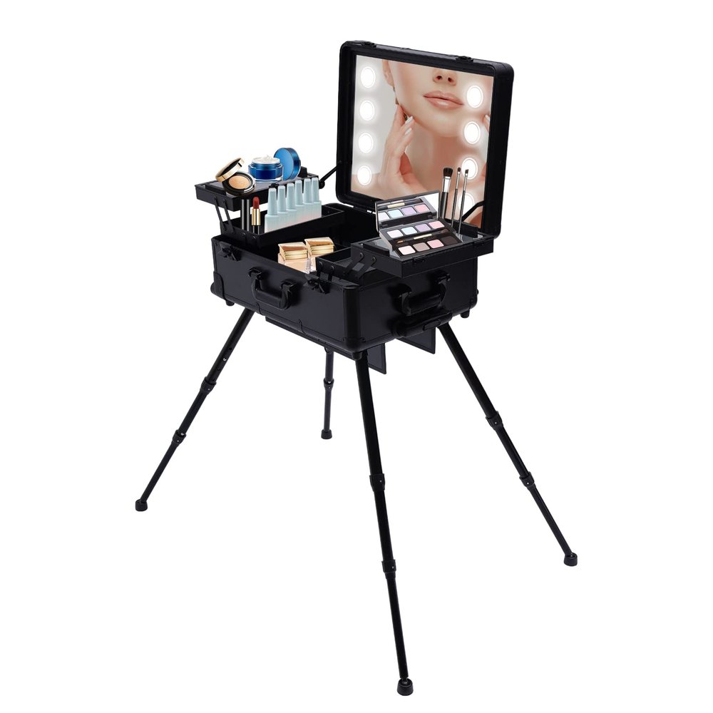 ZHLINUO Makeup Train Case with 8 LED Lights, Professional Rolling Lighted Cosmetic Organizer Box with 4 Rolling Mirror & Stands & Wheels, Professional Artist Trolley Studio Free Standing Case