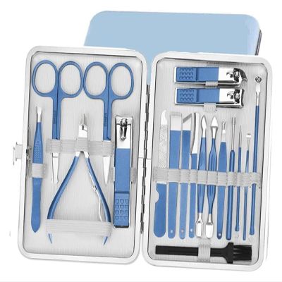 18 Piece Stainless Steel Nail Care Kit with Tools for Manicure and Nail Clippers (Blue 1set)