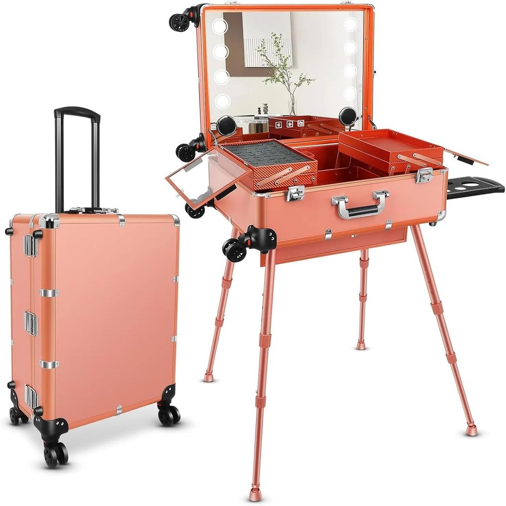 24" Large Capacity Makeup Trolley LED Light Mirror Rolling Cosmetic Case Waterproof Storage Vanity for Artists Travel Organizer-Rose Gold