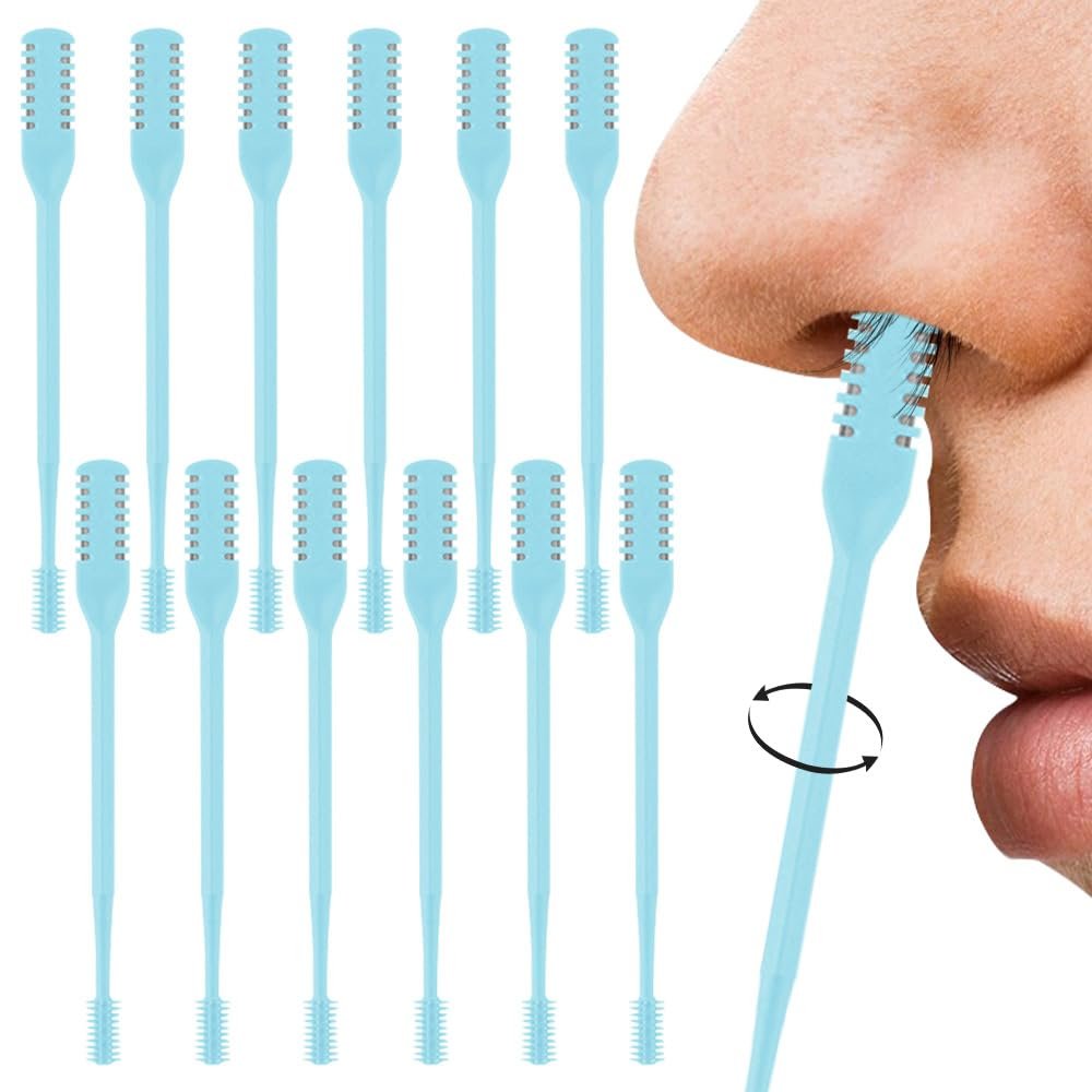 2-in-1 Nasal Hair Cutter, 360 Rotating Nose Hair Trimmer with Ear Pick, 2025 Dual-Action Manual Nasal Hair Remover Tool for Men and Women, Double-Sided Blade & Soft Cleaning Brush (Blue, 12PCS)
