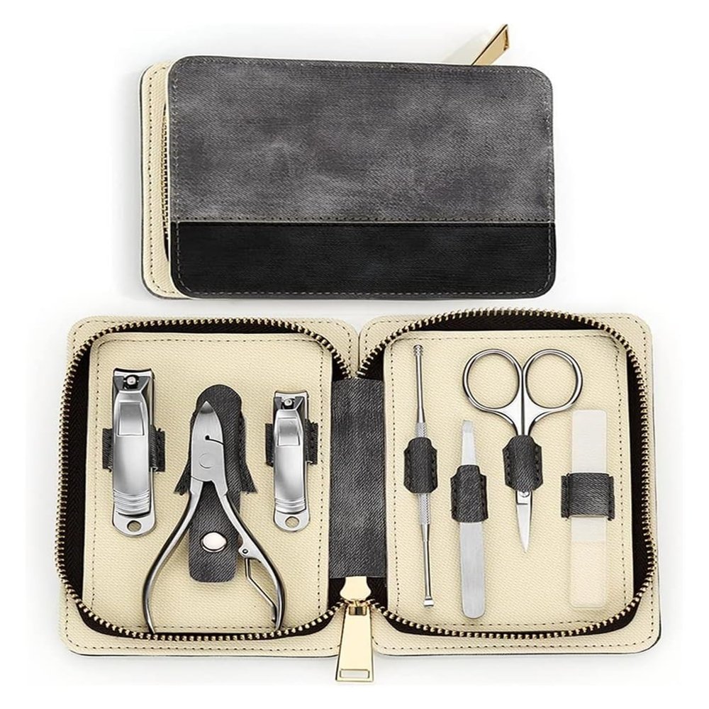 7 Piece Stainless Steel Nail Care Set with Travel Case Manicure and Grooming Tools Nail Clippers Kit (Gray 1set)