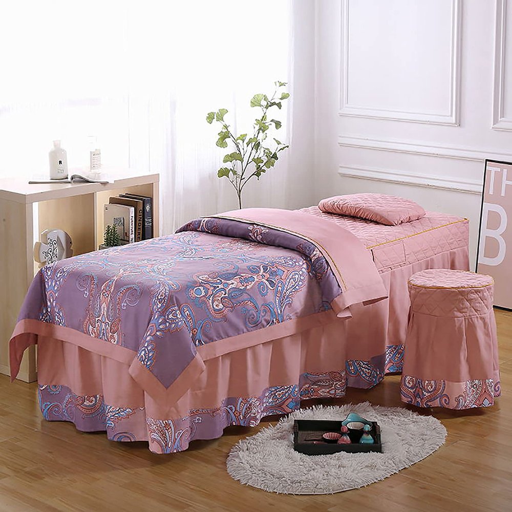 4-Piece Cotton Massage Table Sheet Set Salon Bed Cover,Massage Skirt Protective Cover Includes Pad and Face Rest Cover-B 70x190cm(28x75inch)