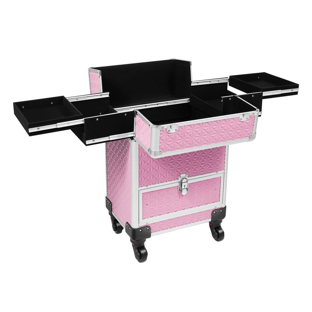 CYoyYnexy Professional Rolling Makeup Train Case with 4 Trays & Lock - Large Cosmetic Organizer Trolley with Swivel Wheels for Salon, Barber, Travel Storage Cart, Pink