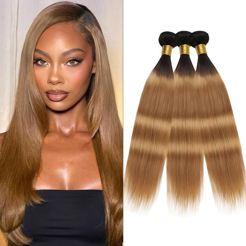 Honey Blonde Bundles Human Hiar 24 26 28 inch Ombre Straight Hair Weave for Black Women Brazilian Virgin Hair 12A Quick Weave 3 Bundles Double WeftBlack Ombre Honey Blonde#T1B/27)