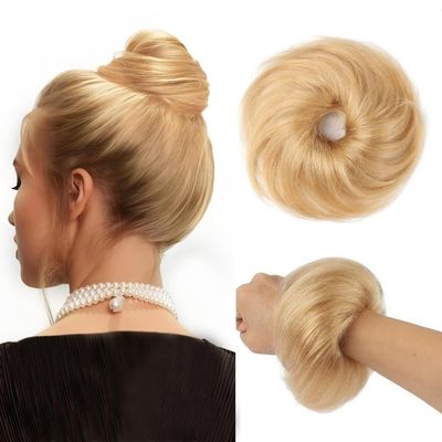 hair bun, Curly 100% Human Hair Fluffy Bun Scrunchies(Bright gold)