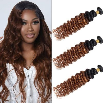 10 12 14 Inch Deep Wave Bundles Human Hair Ombre Brazilian Virgin Hair for Black Women 12A Wet and Wavy 3 Bundles Light Brown Human Hair Weave (Black Ombre Light Brown#T1B/30)