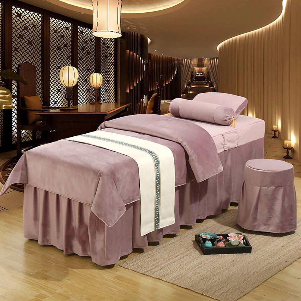 DESALAI 4-Piece Simple Thicken Massage Table Sheet Set,Soft Velvet Beauty Bedspreads Cotton Spa Solid Color Skirt for Tables-Color 180x60cm(71x24inch)