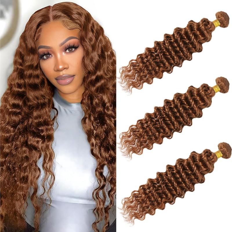 Brown Bundles Human Hair 8 10 12Inch Light Brown Deep Wave Bundles Human Hair Weave for Black Women 12A Brazilian Virgin Hair 3Bundles#30