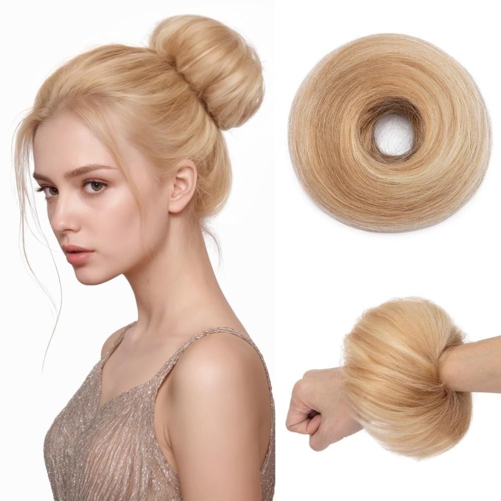 gengchang66 hair bun, Real Human Hair Messy Bun Scrunchies Updo Ponytail Extension for Women Girls(Golden)