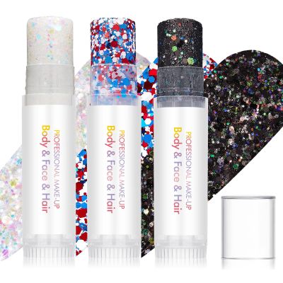 3Pcs Body Glitter Stick,Face Hair Body Glitter Gel,Waterproof Lasting Chunky Sparkling Body Gel Sequins,Festival Rave Accessories Make Up for Halloween Christmas Makeup Party