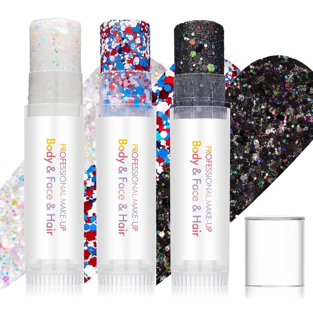 3Pcs Body Glitter Stick,Face Hair Body Glitter Gel,Waterproof Lasting Chunky Sparkling Body Gel Sequins,Festival Rave Accessories Make Up for Halloween Christmas Makeup Party