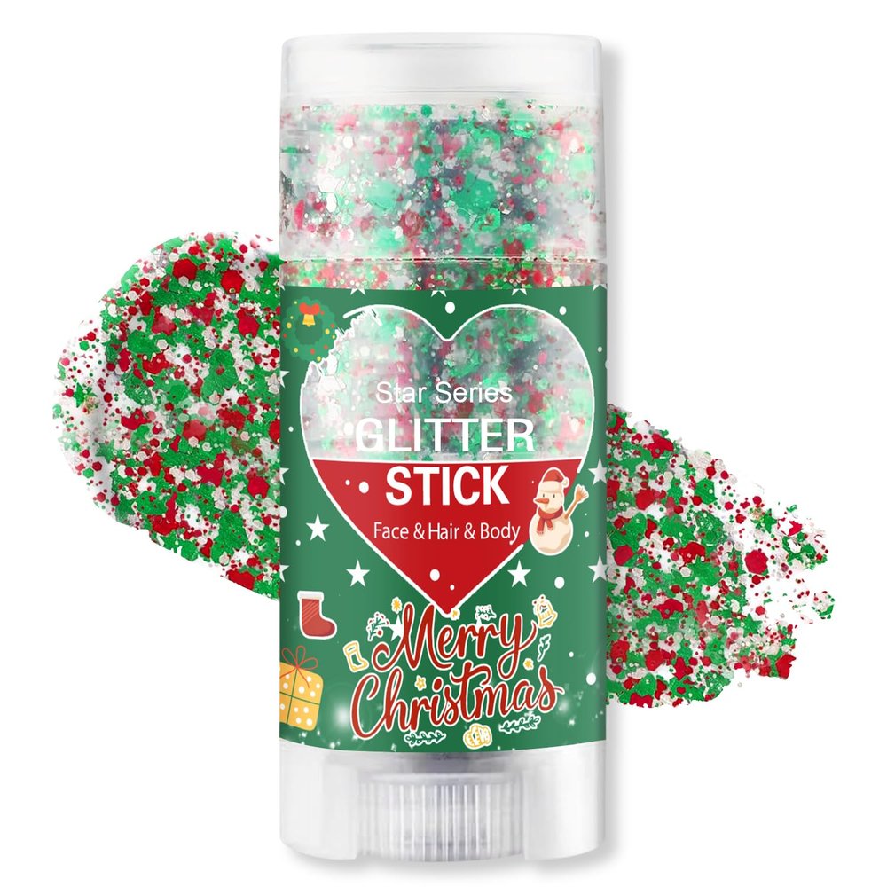 Christmas Body Glitter Stick, Waterproof Halloween Face Glitter Gel, Chunky Glitter Face Paint, Green Red White Sequin Hair Glitter Makeup for Women and Kid (Green Red White)