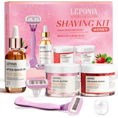 2025 Women's Complete Shaving Kit with Razor & Holder - 5 Piece Strawberry Vanilla Set Include Pre-Shave Scrub, Cream, Aftershave Oil - Luxury Gifts Set for Her, Wife, Mom (Valentines Day, Christmas)