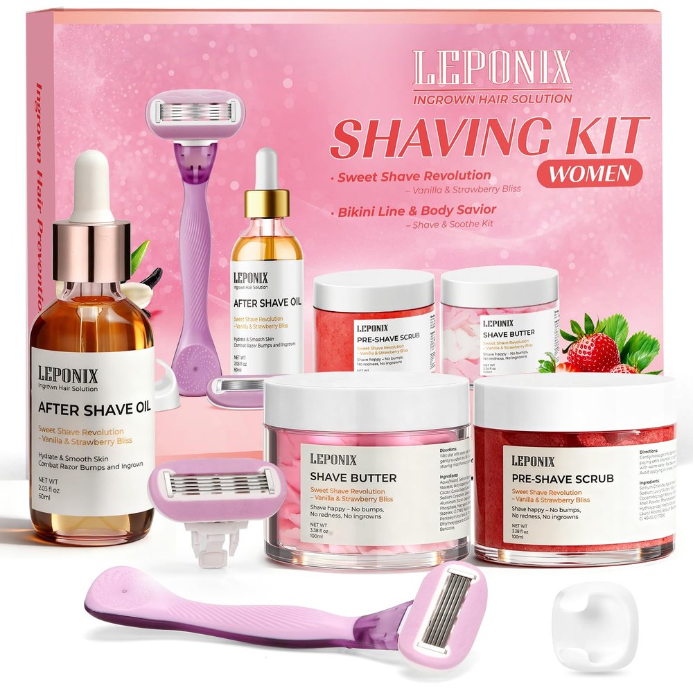 2025 Women's Complete Shaving Kit with Razor & Holder - 5 Piece Strawberry Vanilla Set Include Pre-Shave Scrub, Cream, Aftershave Oil - Luxury Gifts Set for Her, Wife, Mom (Valentines Day, Christmas)