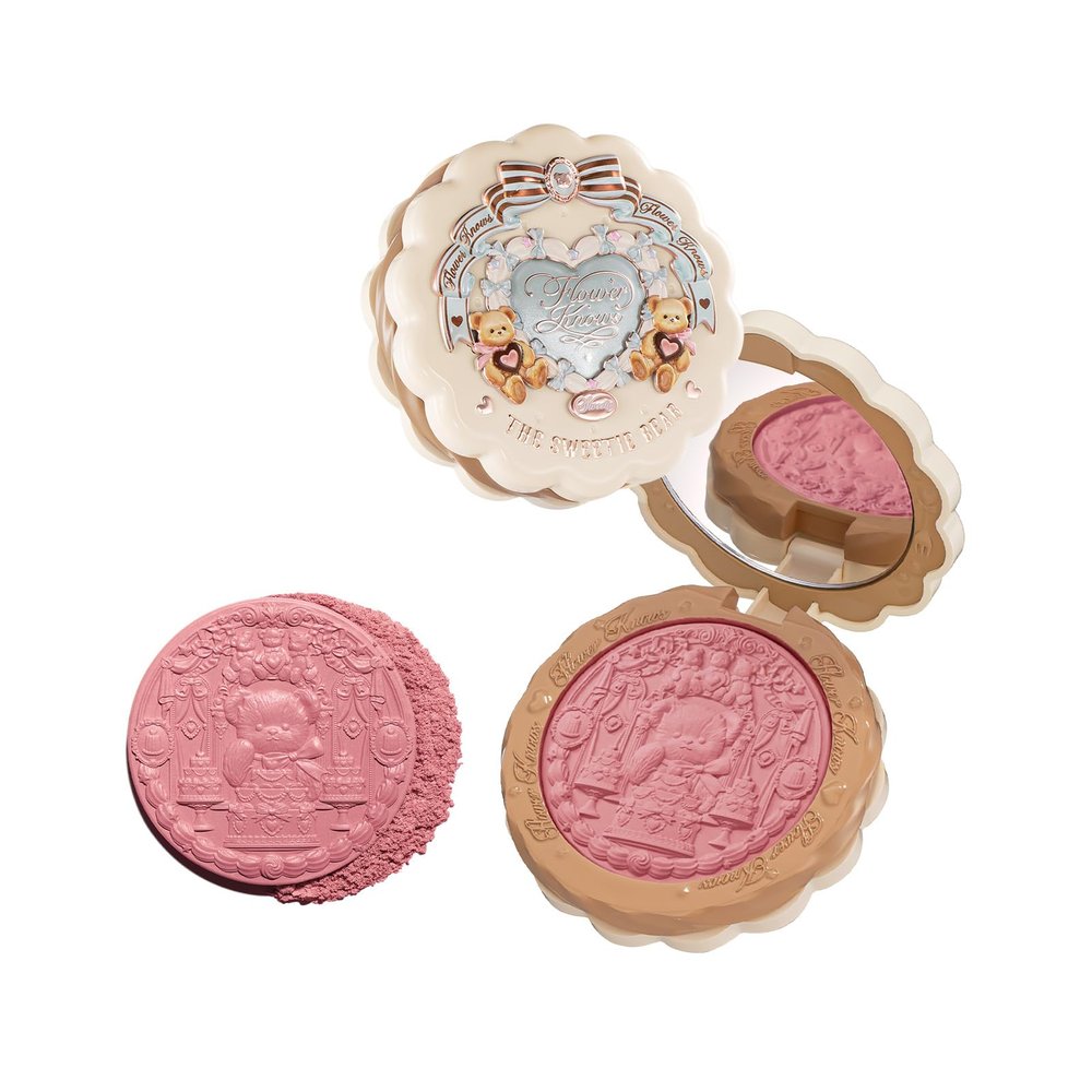 Flower Knows The Sweetie Bear Collection Silk Satin Blush,Shimmery Rose Pink Powder Blush for Cheeks,Buildable & Blendable Face Makeup,Soft Long-Lasting for Women & Girls,0.18 Oz(01 Shimmer Souffl)