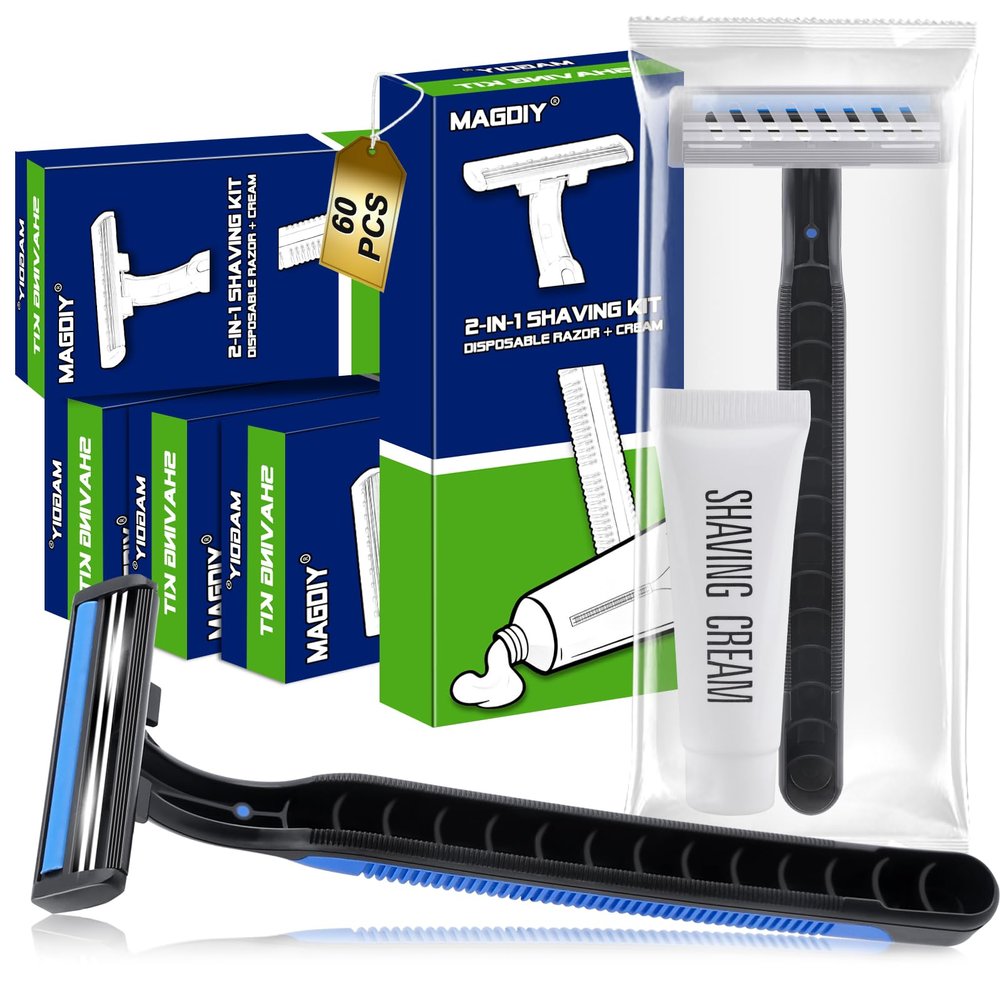 MAGDIY 60 Pack Disposable Razors Shaving Cream Bulk for Men Homeless Supplies, Travel Size Shaving Cream Kit, Disposable Razors Bulk, Individually Wrapped Toiletries for Hotel Airbnb Donation Shelter