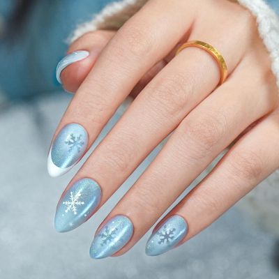 Winter Press On Nails Almond - Jofay Fashion Blue Aurora Cat Eye Snowflake Press On Nails, Acrylic Fake Nails with Glue, Reusable Soft Gel Glue On Nails for Women in 16 Sizes, Stick On Nails Kit