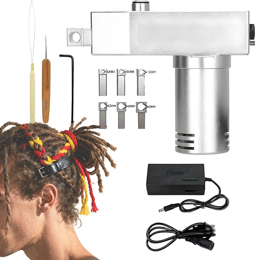 Automatic Dreadlocks Tool,Portable Handheld Instant Loc Machine, with 6 Replacement Holes, Dreadlocks Maker Machine for Long Human Hair and Synthetic Hair, Silver