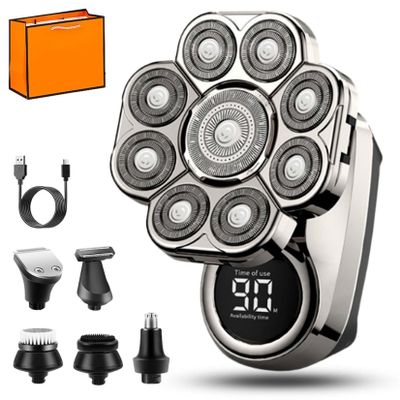 9D Floating Head Shaver for Bald Men  6-in-1 Detachable Razor, IPX7 Waterproof Wet & Dry Shaving, Rechargeable Cordless Electric with LED Display