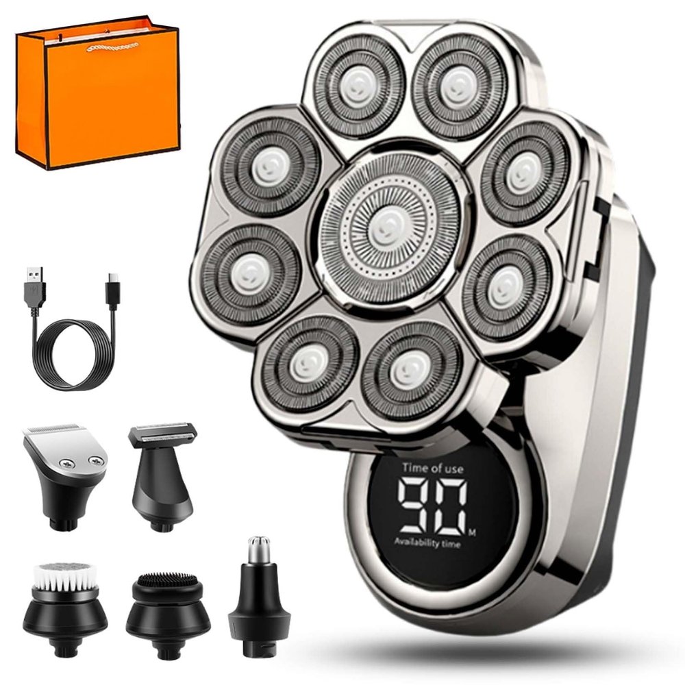 9D Floating Head Shaver for Bald Men  6-in-1 Detachable Razor, IPX7 Waterproof Wet & Dry Shaving, Rechargeable Cordless Electric with LED Display