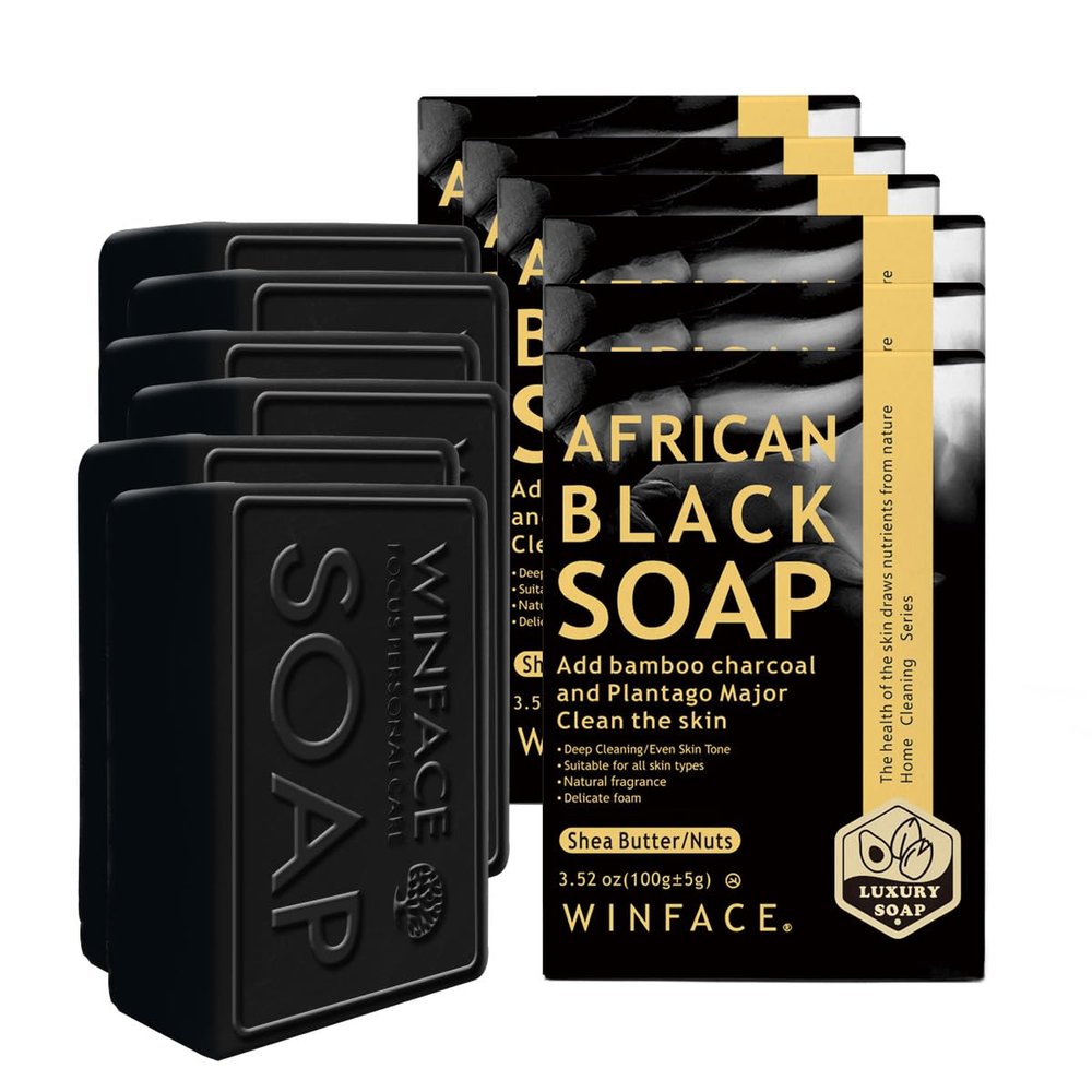 African Black Soap, Natural Facial Cleansing Bar, Dark Charcoal, Handmade Traditional Formula, Deep Cleansing for Face and Body, exfoliating-pack of 6 soap