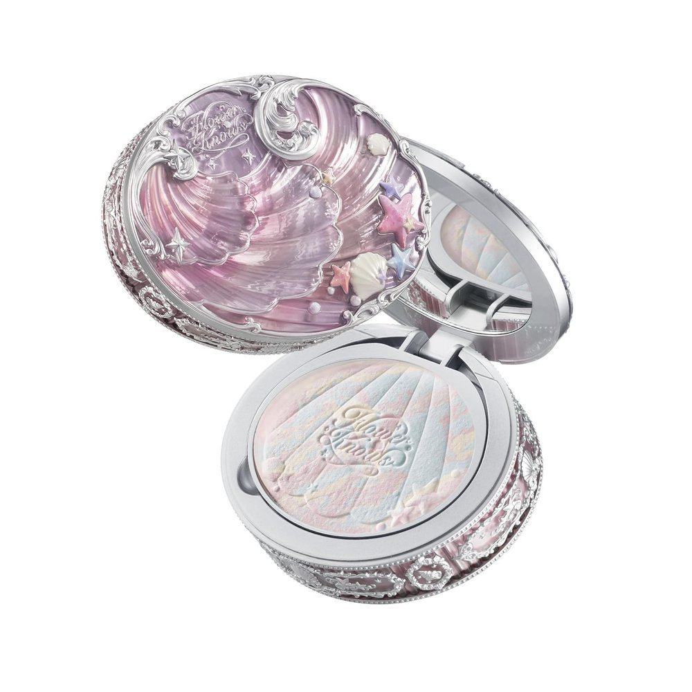 Flower Knows Shell's Jewel Collection Baked Powder,Makeup & Setting Pressed Powder Compact with Mirror and Puff,Pink Smooth Oil-Control Pore Blurring,0.32 Oz(02 Dreamy Pink)